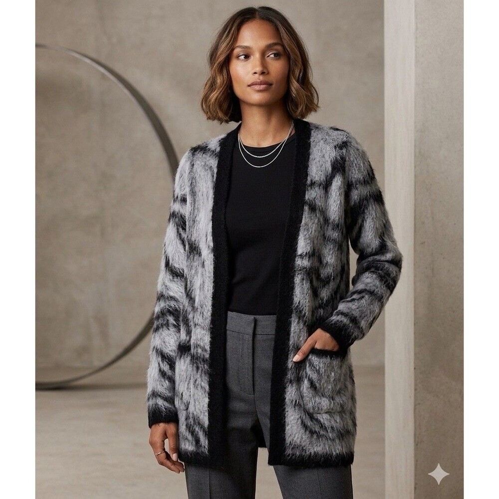 WHBM Cardigan Womens S Alpaca Wool Sweater fuzzy stripe pockets career edgy new